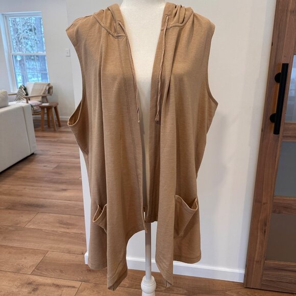 Logo Lounge | 3X Tan Sleeveless Long Line Vest Hooded Pockets Layering Soft Open - Picture 1 of 7